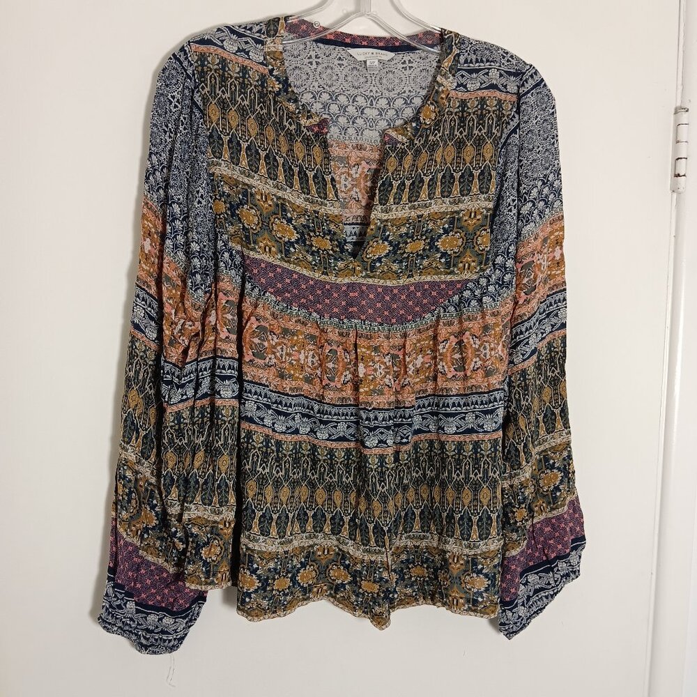 Lucky  Brand Boho Pesant blouse women small  long sleeve split vneck top